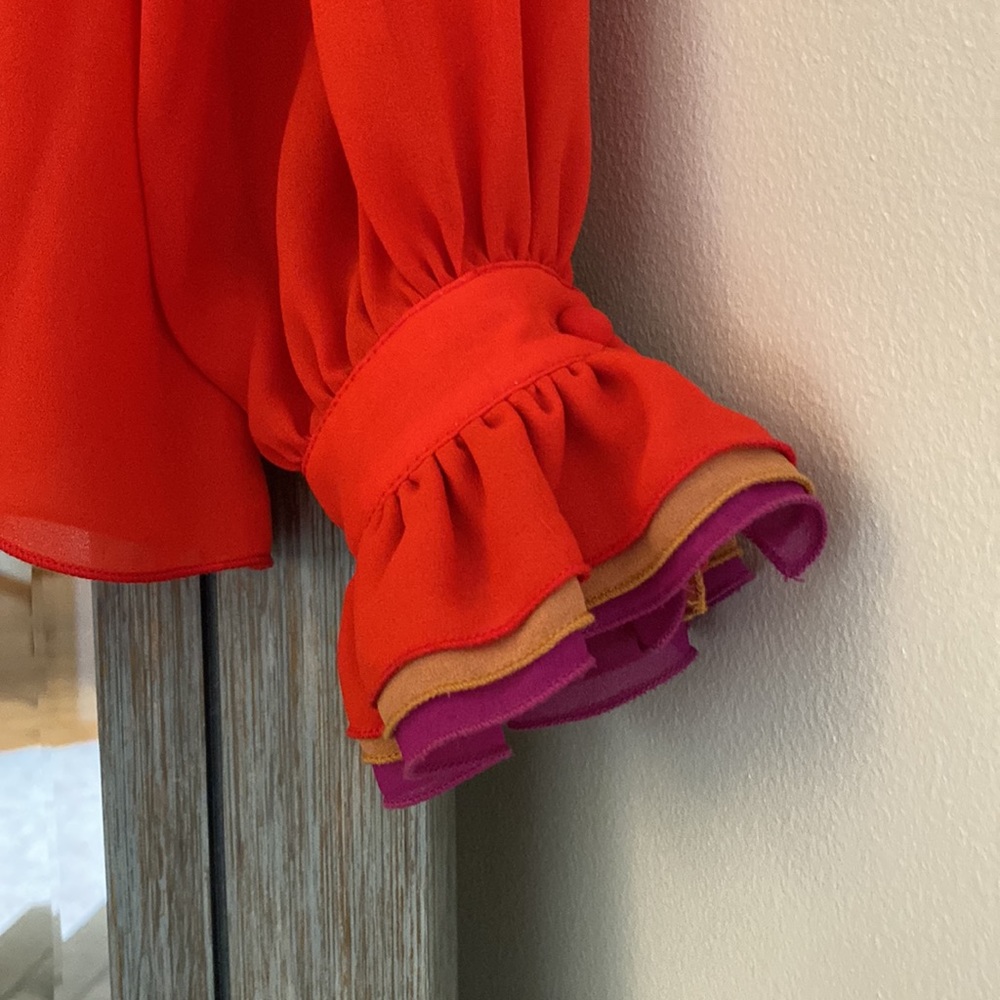 Sheer Button Up Red Blouse, Tiered Ruffle Multi-C… - image 5